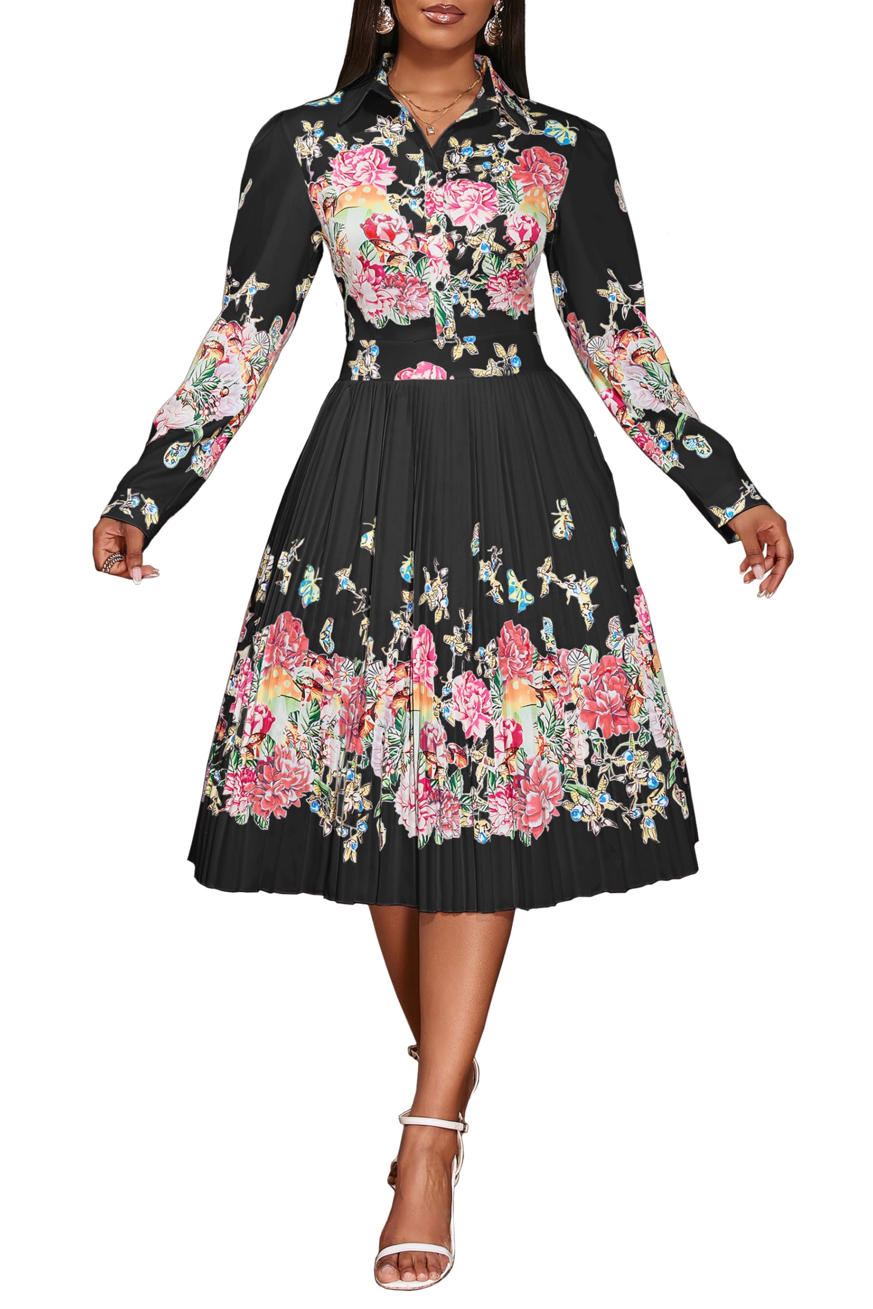 VERWIN Lapel Three-Quarter Sleeve Knee Length Pleated Floral